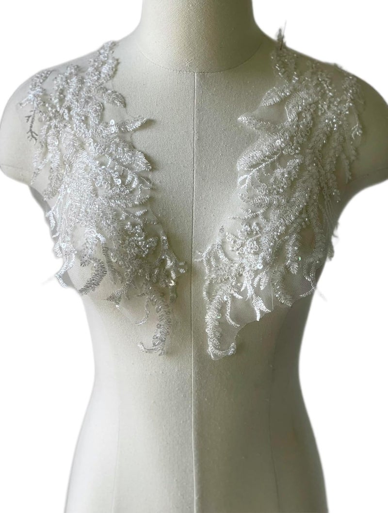 JRYYR Beaded Applique, Flower Sequin Patch, White Applique for DIY Neckline Wedding Bridal Prom Dresses Costumes 14.1x4.9 inches 1 Pair (White) - Image 1